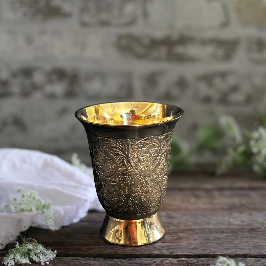 Brass Royal Embossed Glass / Pital Tumbler - Ornate Design