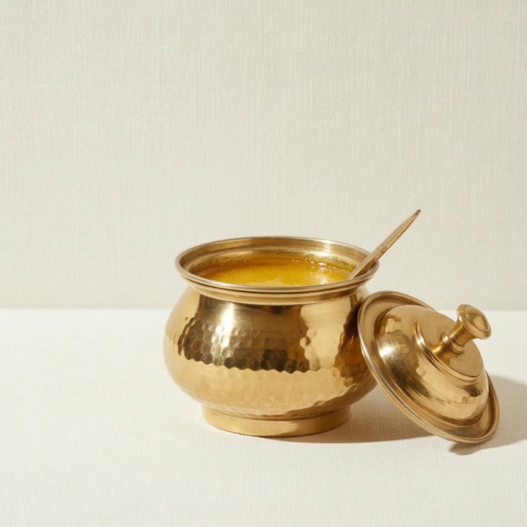 Brass Hammered Ghee Pot / Pital Ghee Dani - with Lid
