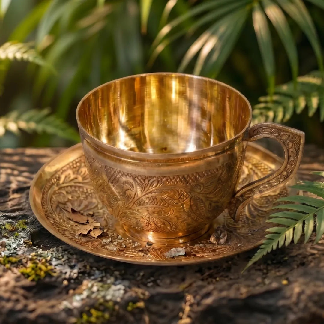 Brass Embossed Cup & Plate Set / Pital Chai Set