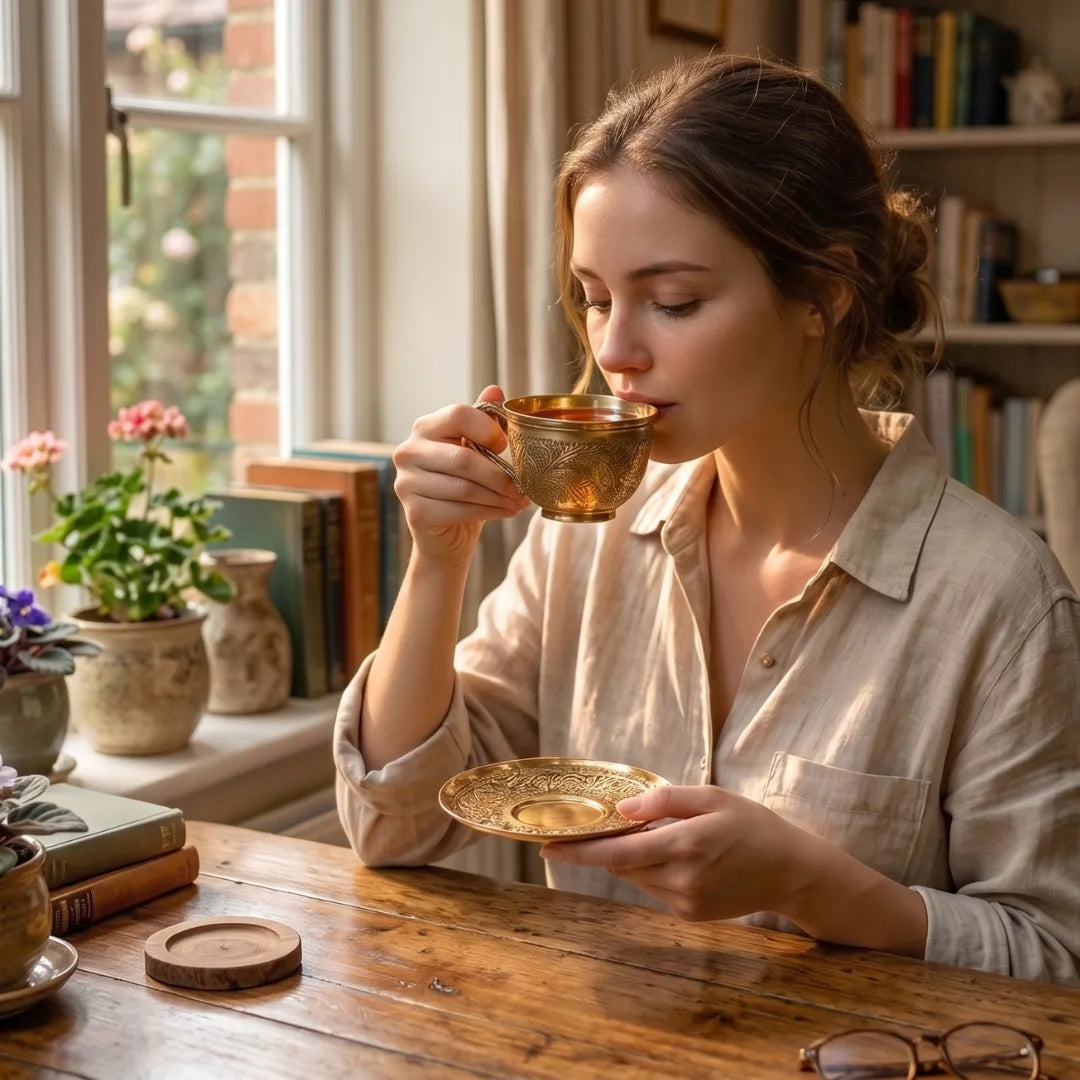 Brass Embossed Cup & Plate Set / Pital Chai Set