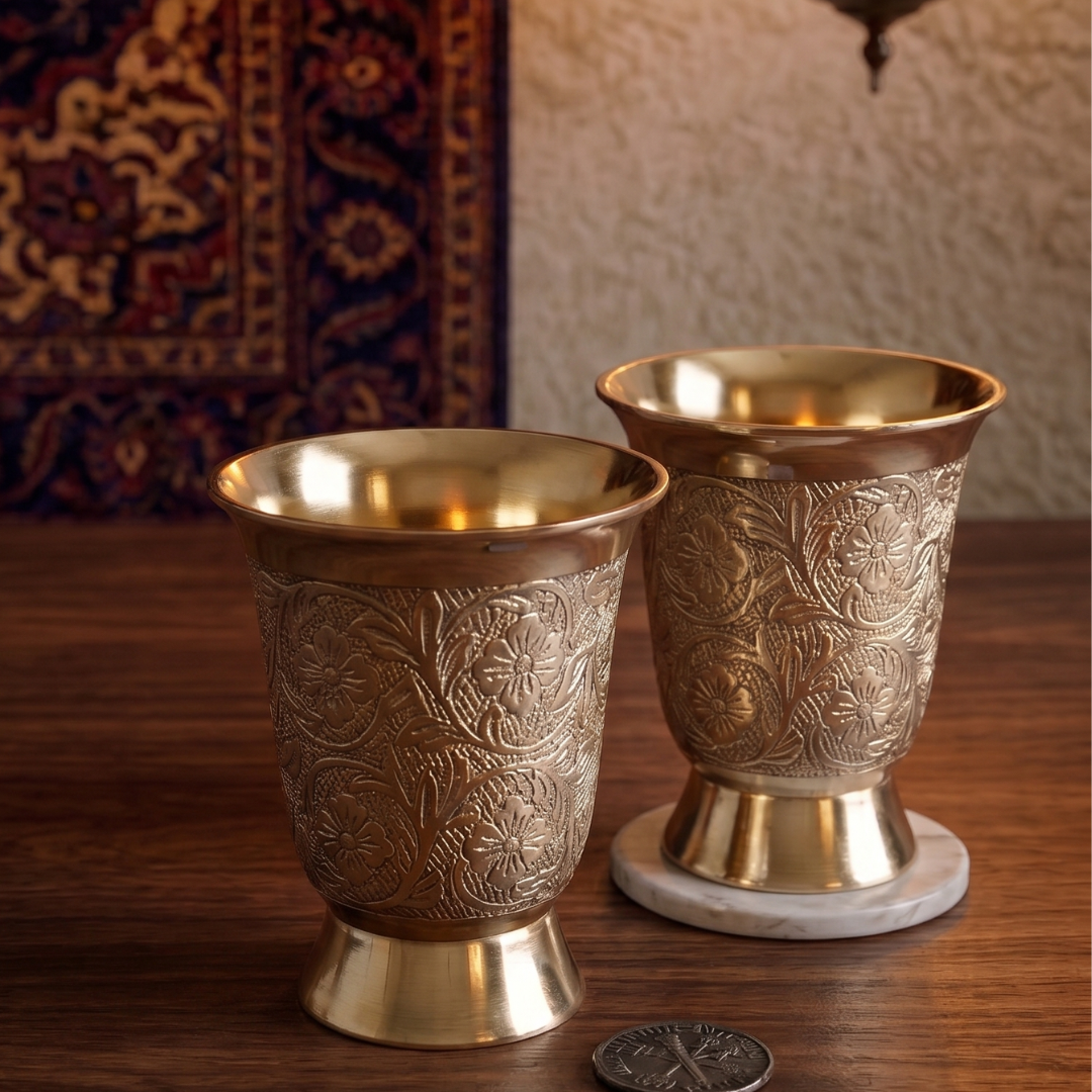 Brass Royal Embossed Glass / Pital Tumbler - Ornate Design