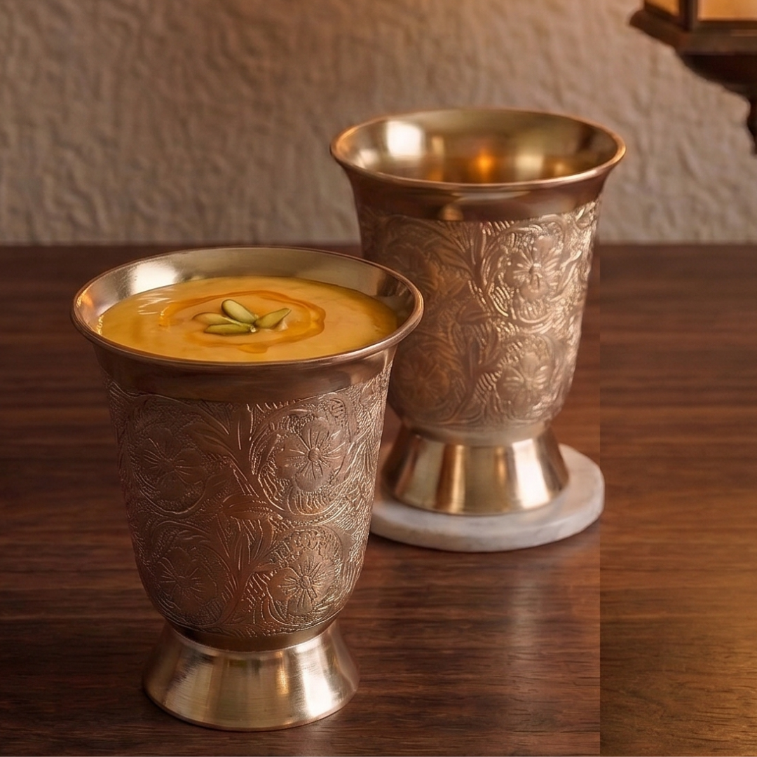 Brass Royal Embossed Glass / Pital Tumbler - Ornate Design
