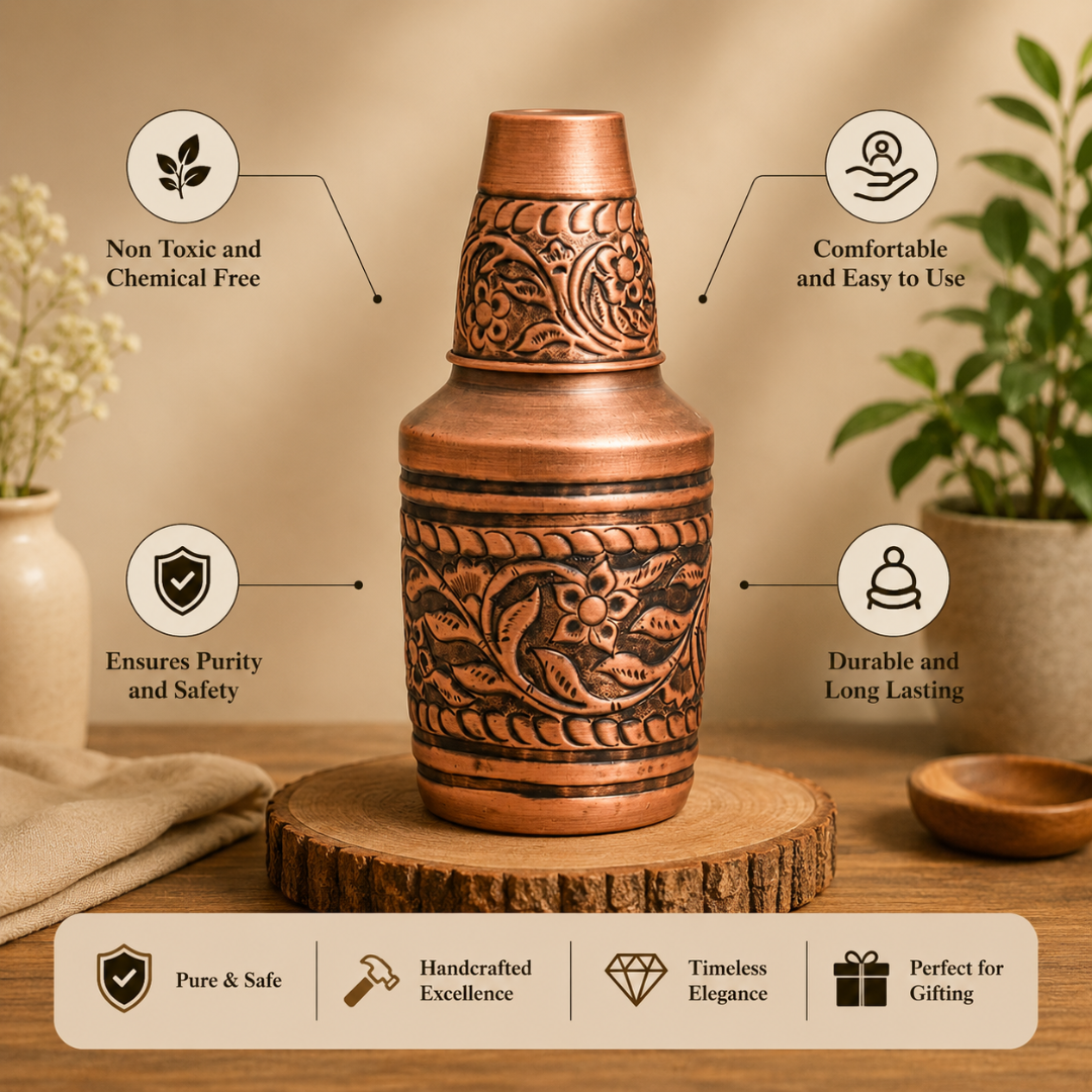 Copper Carving Jar / Tamba Water Jar - Engraved Surface