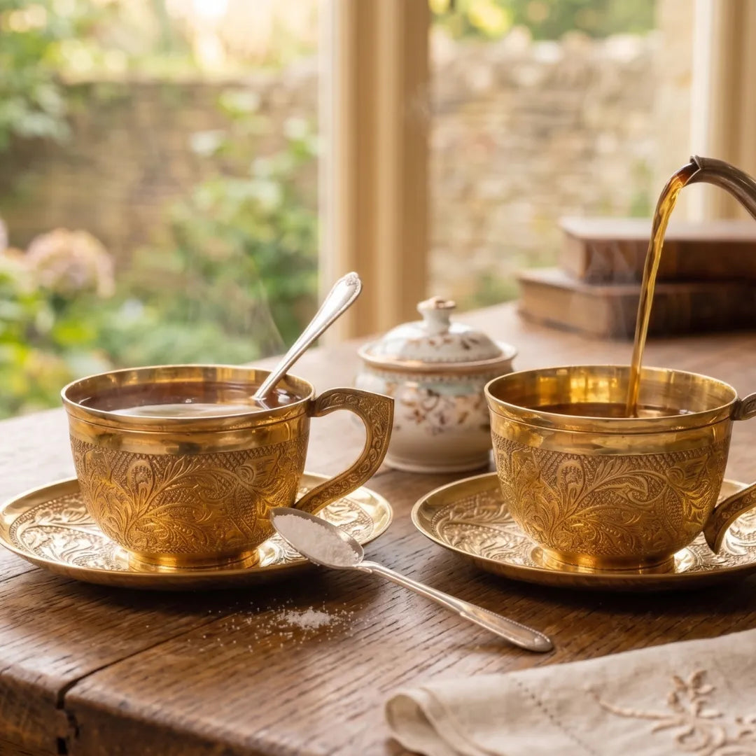 Brass Embossed Cup & Plate Set / Pital Chai Set