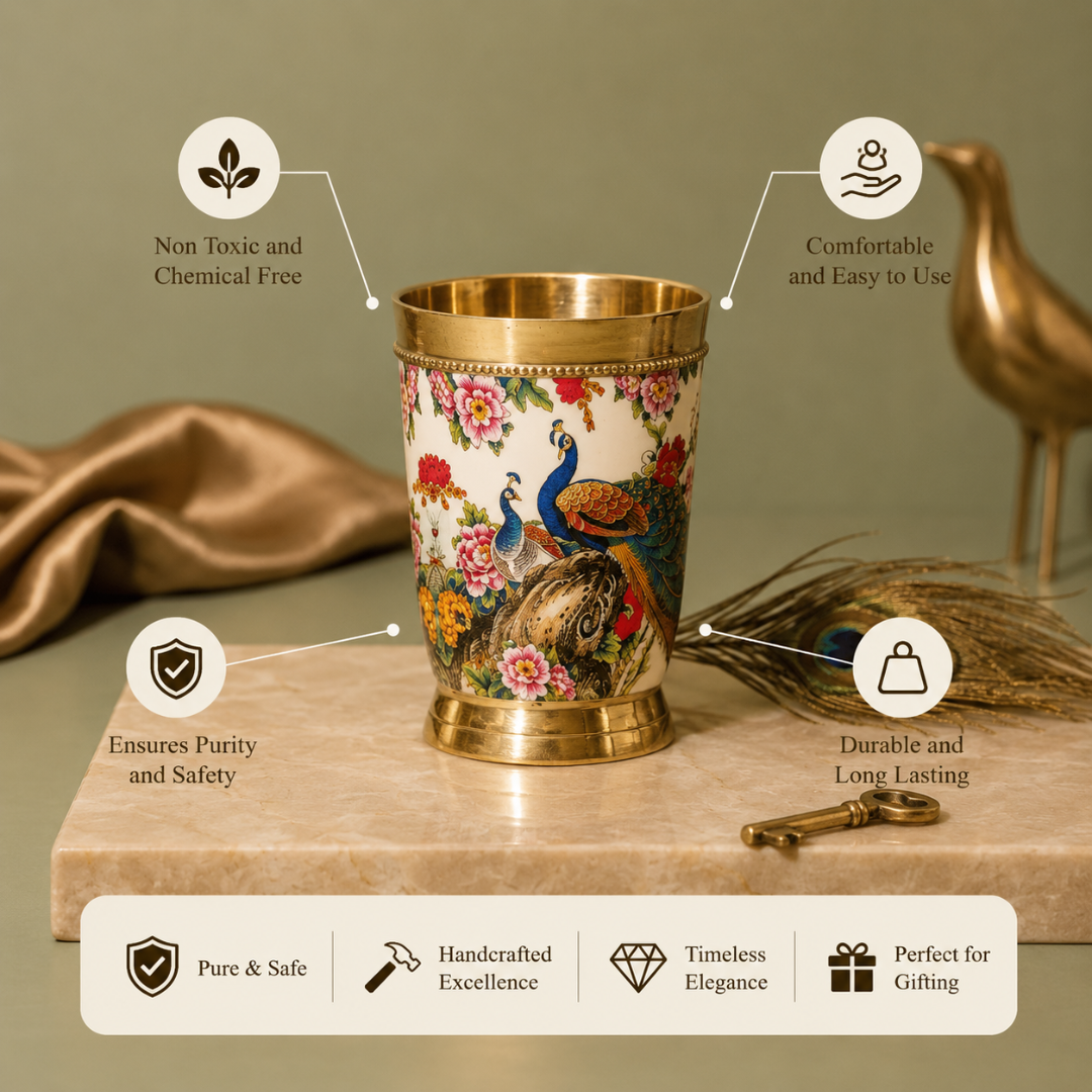 Brass Meenakari Glass - White Print / Meena Work Tumbler
