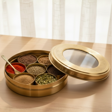 Brass See-Through Masala Box / Pital Masala Dabba - Clear Lid