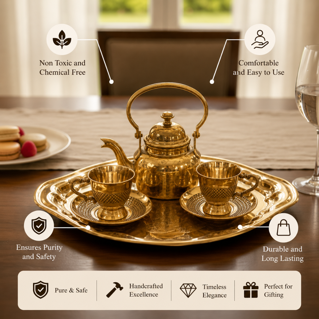 Brass Hammered Kettle Set / Pital Chai Ketli with Cups