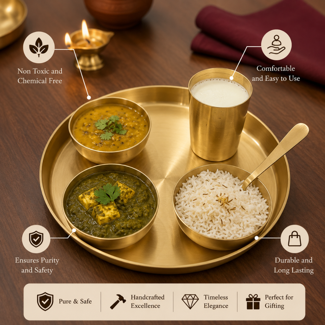 Bronze / Kansa Traditional Dinner Set - Thali, Bowls & Glass