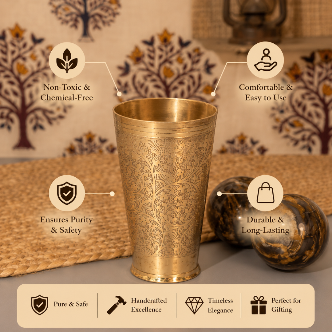 Brass Fancy Etching Juice Glass / Pital Tumbler