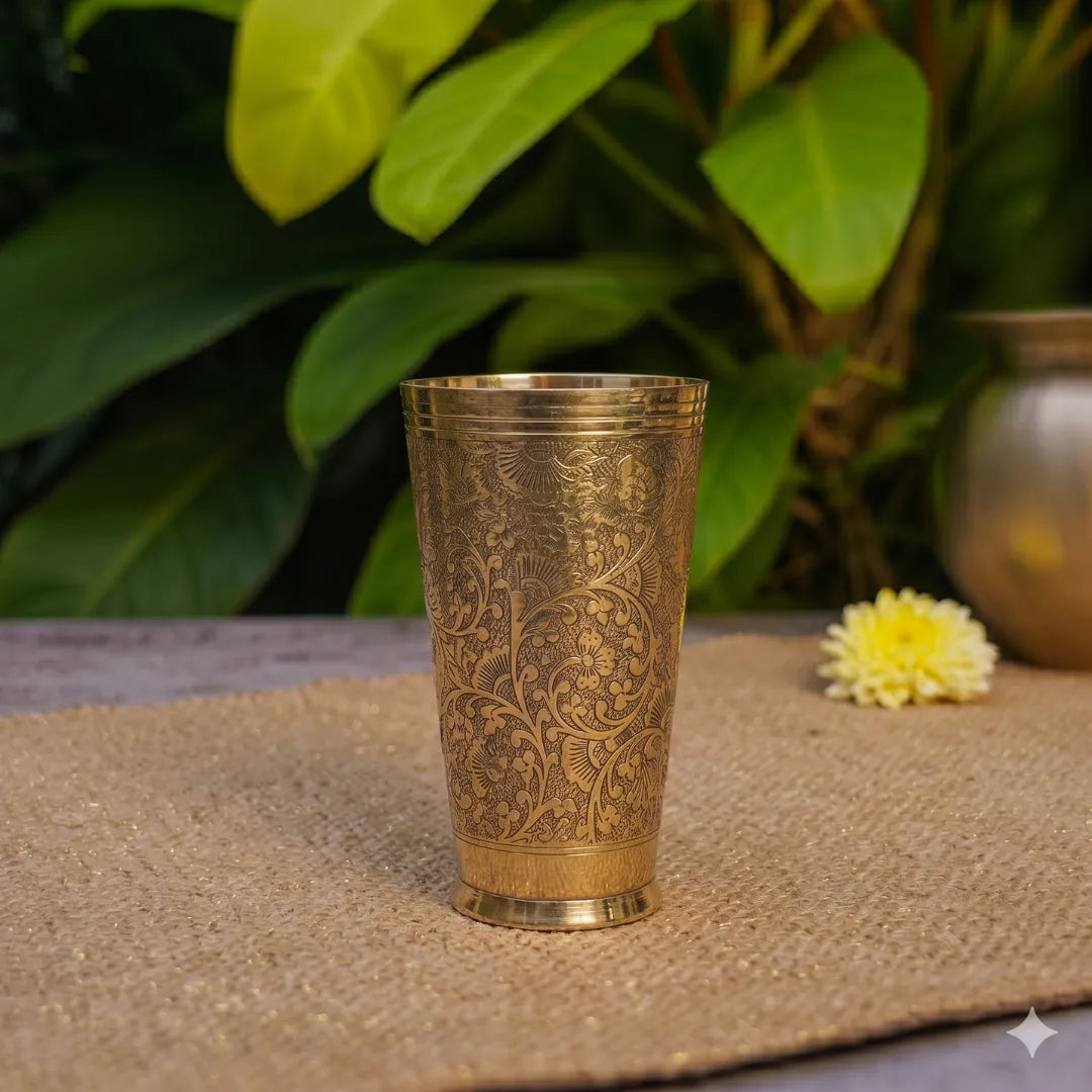 Brass Fancy Etching Juice Glass / Pital Tumbler