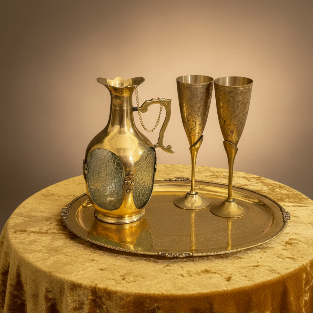 Brass Wine Bottle Set with 2 Glasses & Tray - Entertaining Set