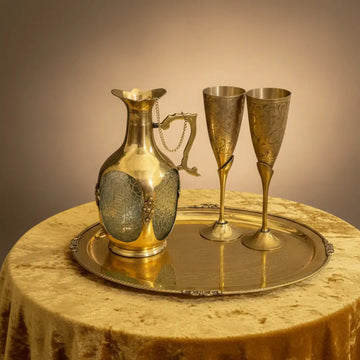Brass Wine Bottle Set with 2 Glasses & Tray - Entertaining Set