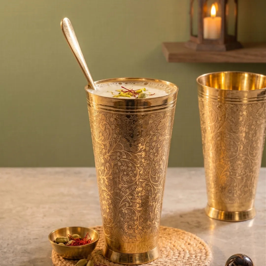 Brass Fancy Etching Juice Glass / Pital Tumbler