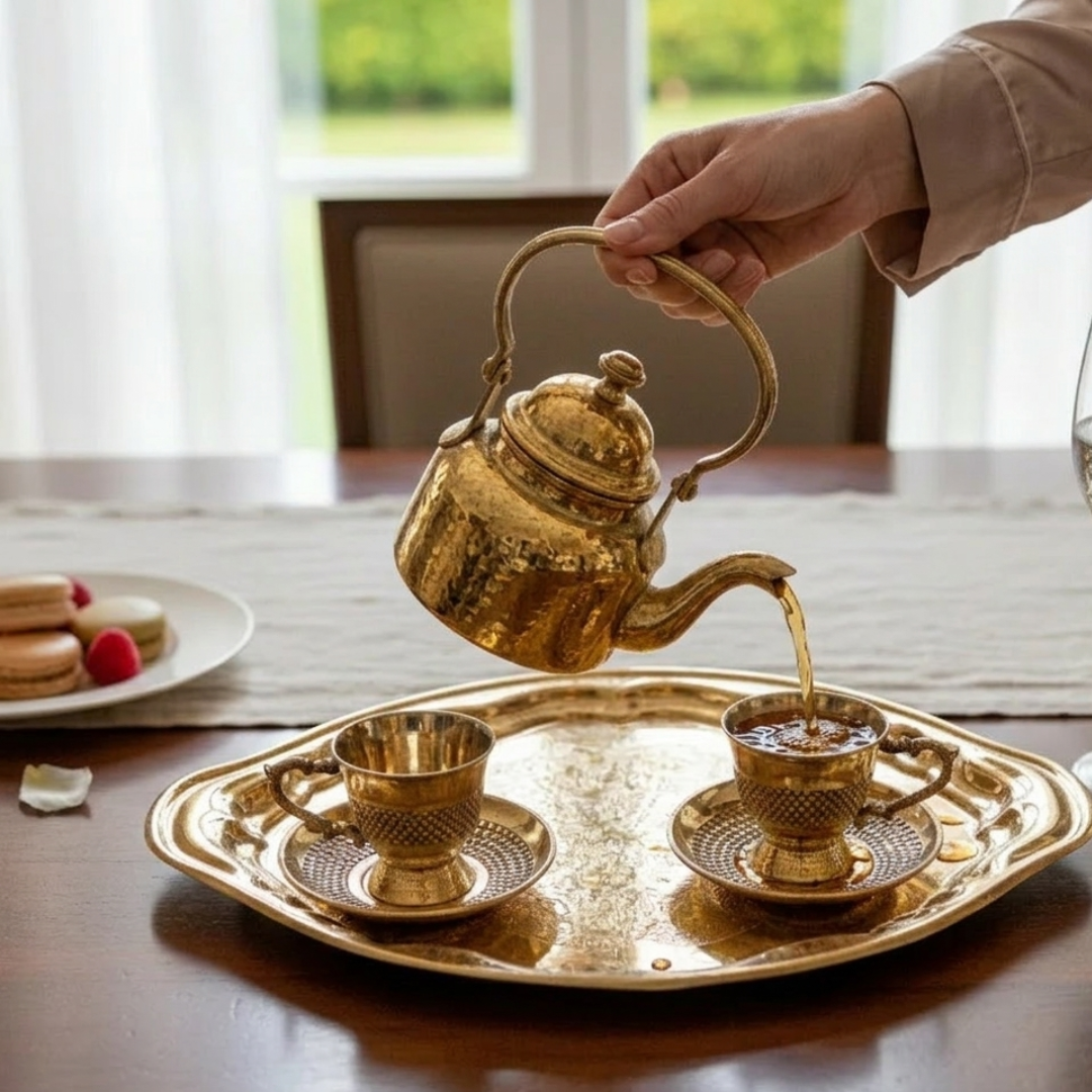 Brass Hammered Kettle Set / Pital Chai Ketli with Cups