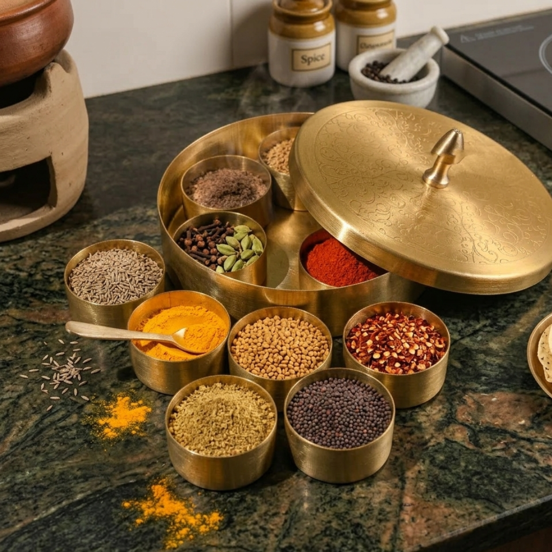 Brass Etching Masala Box / Pital Masala Dabba - Classic