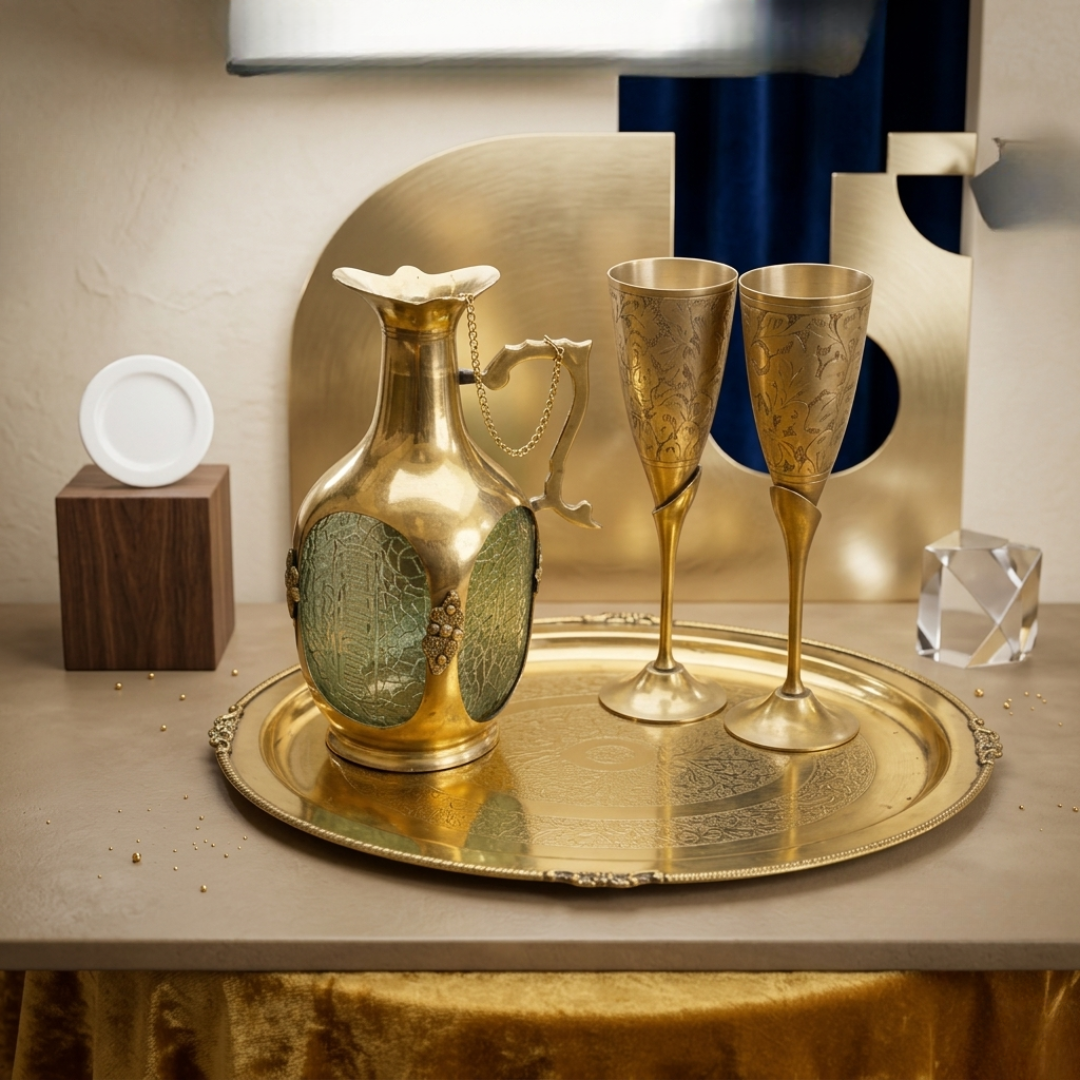 Brass Wine Bottle Set with 2 Glasses & Tray - Entertaining Set