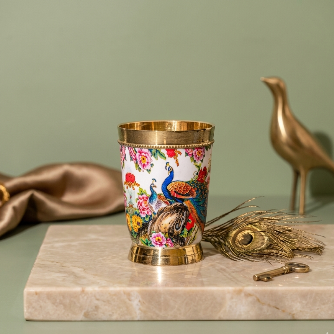 Brass Meenakari Glass - White Print / Meena Work Tumbler