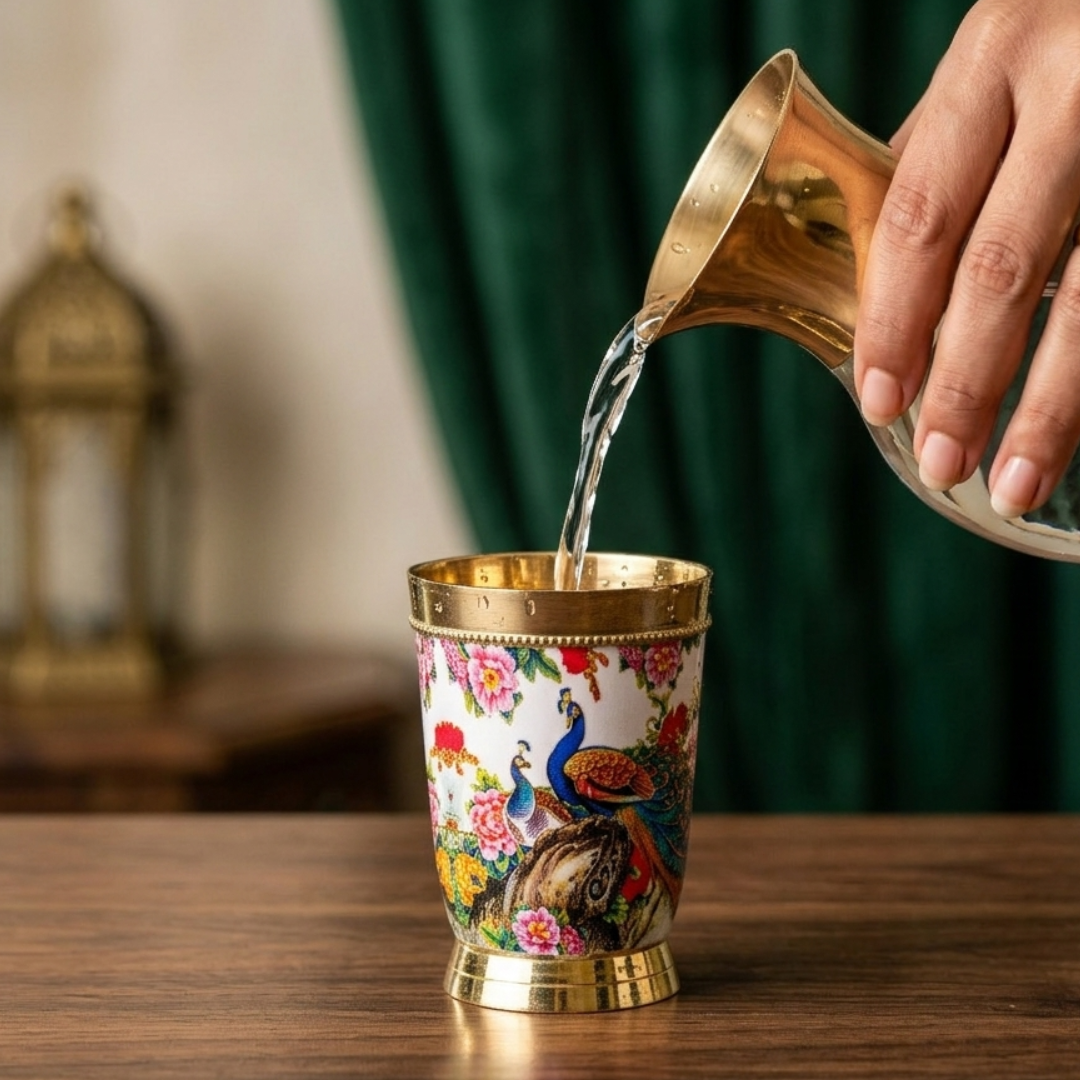 Brass Meenakari Glass - White Print / Meena Work Tumbler