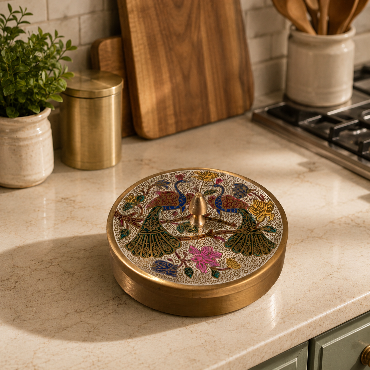 Brass Colour Etching Masala Box / Pital Masala Dabba - Vibrant