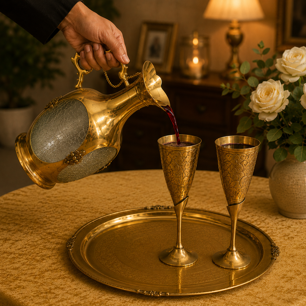 Brass Wine Bottle Set with 2 Glasses & Tray - Entertaining Set