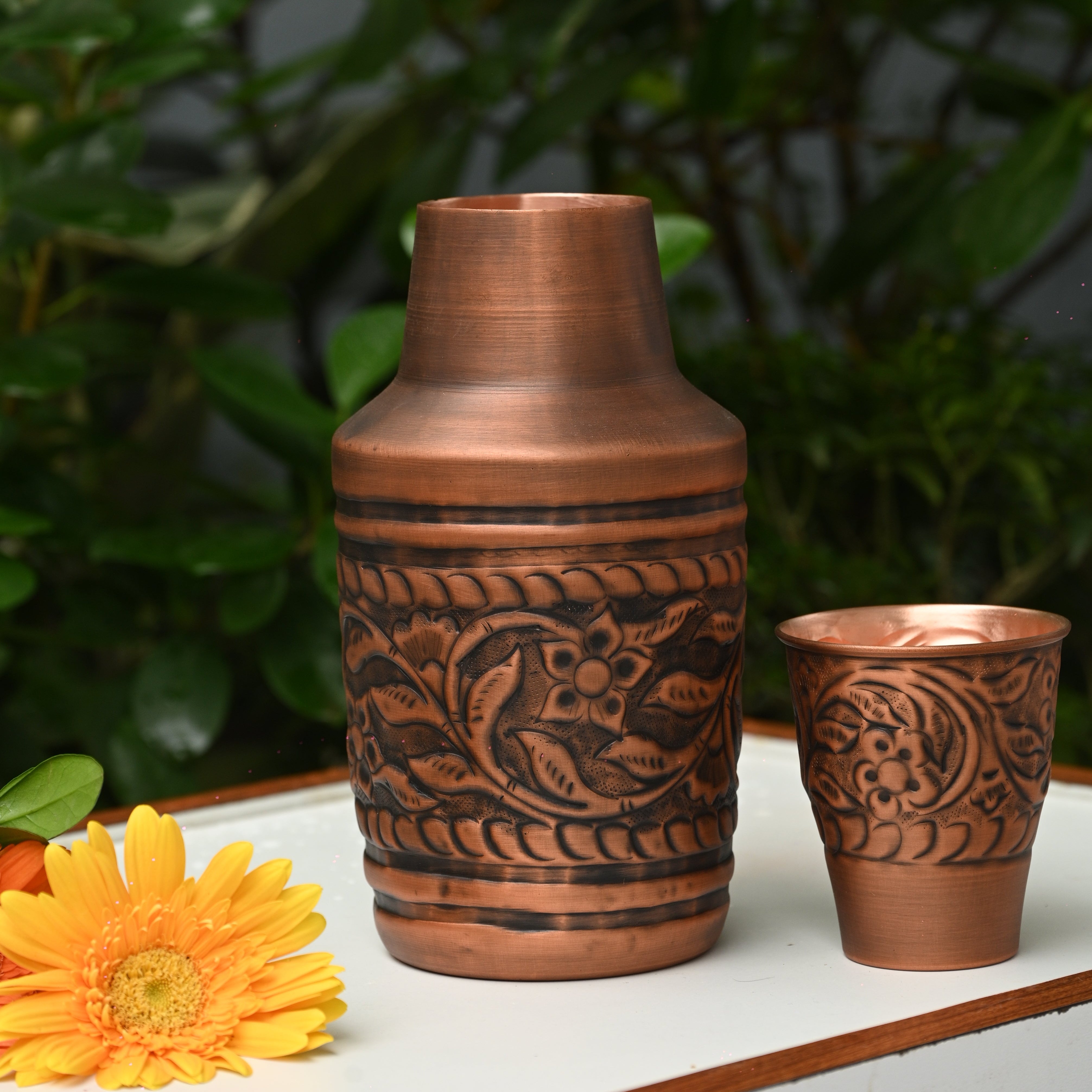 Copper Carving Jar / Tamba Water Jar - Engraved Surface