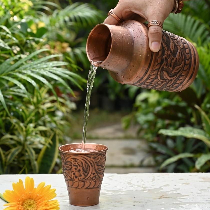 Copper Carving Jar / Tamba Water Jar - Engraved Surface