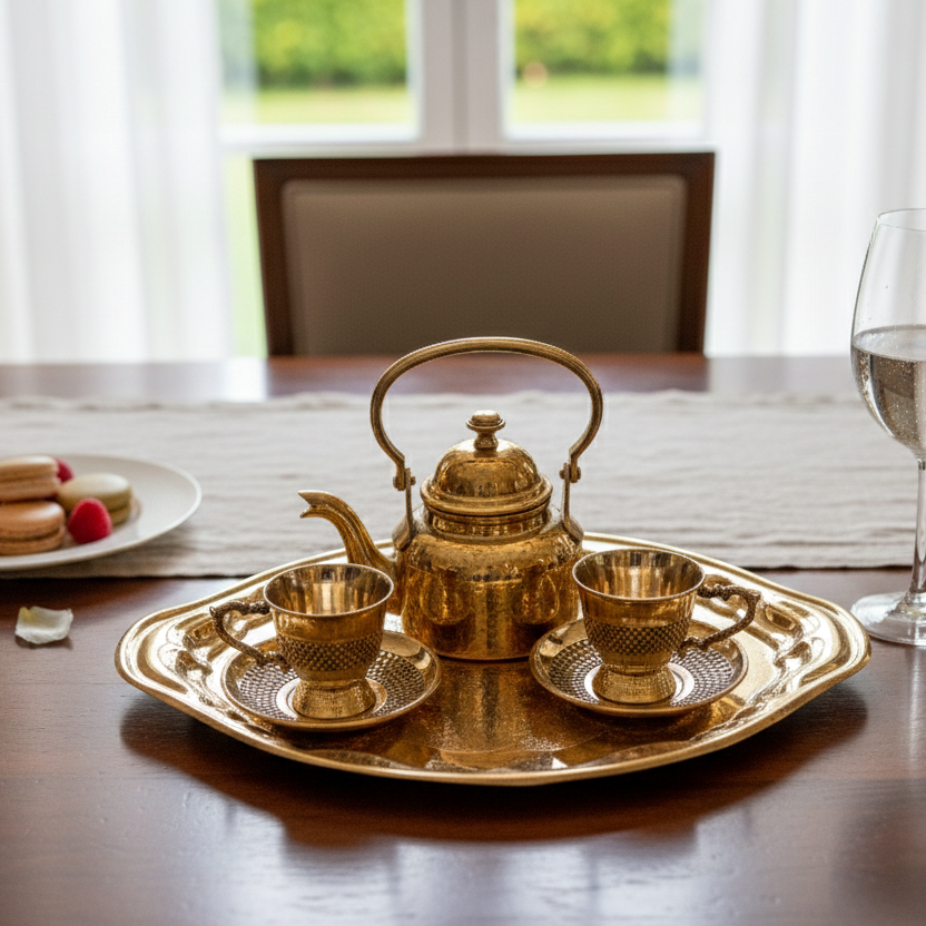 Brass Hammered Kettle Set / Pital Chai Ketli with Cups