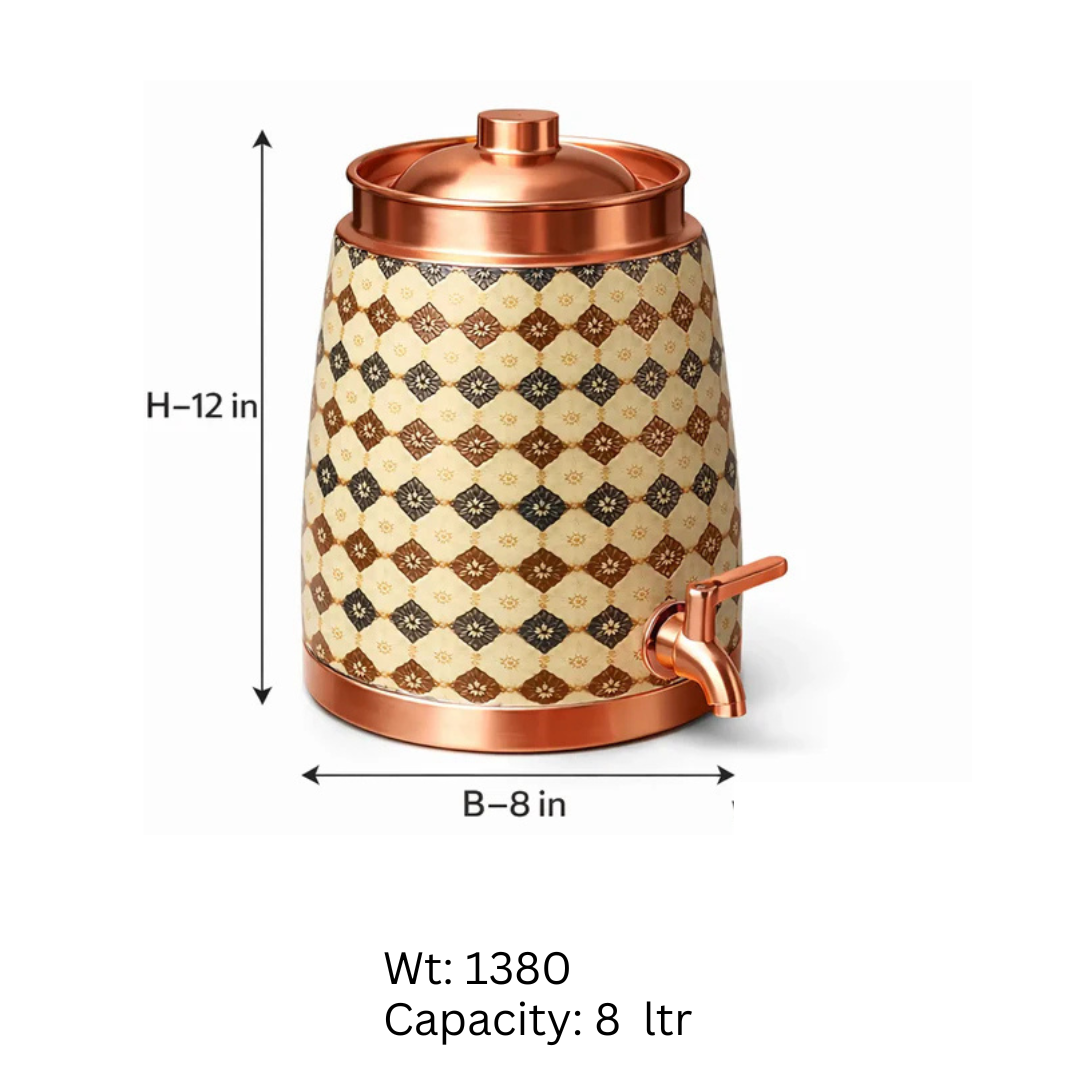 8 Ltr Copper Meenakari Water Tank - Glossy Enamel Finish