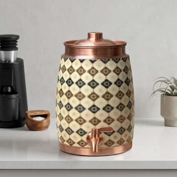 8 Ltr Copper Meenakari Water Tank - Glossy Enamel Finish