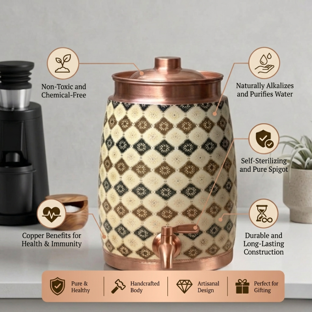 8 Ltr Copper Meenakari Water Tank - Glossy Enamel Finish
