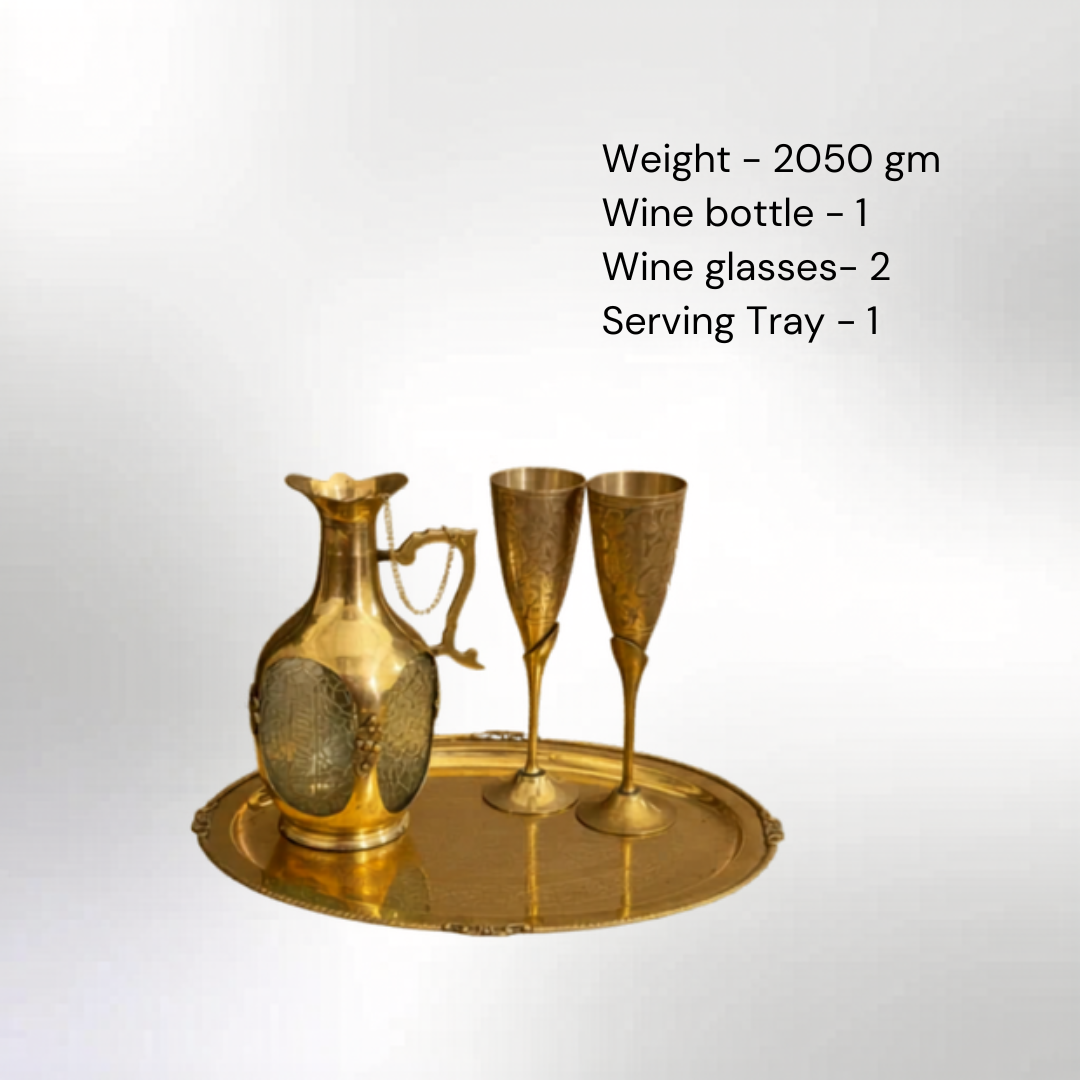 Brass Wine Bottle Set with 2 Glasses & Tray - Entertaining Set