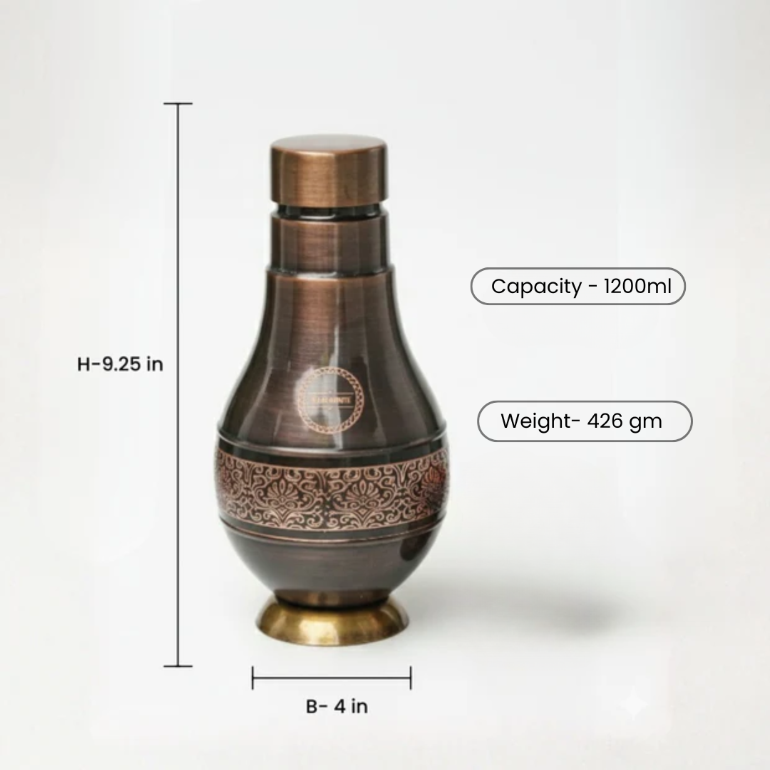 Antique engraved copper bottle specs: 1200ml capacity, 9.25 inch height, 4 inch base, and 426g weight.