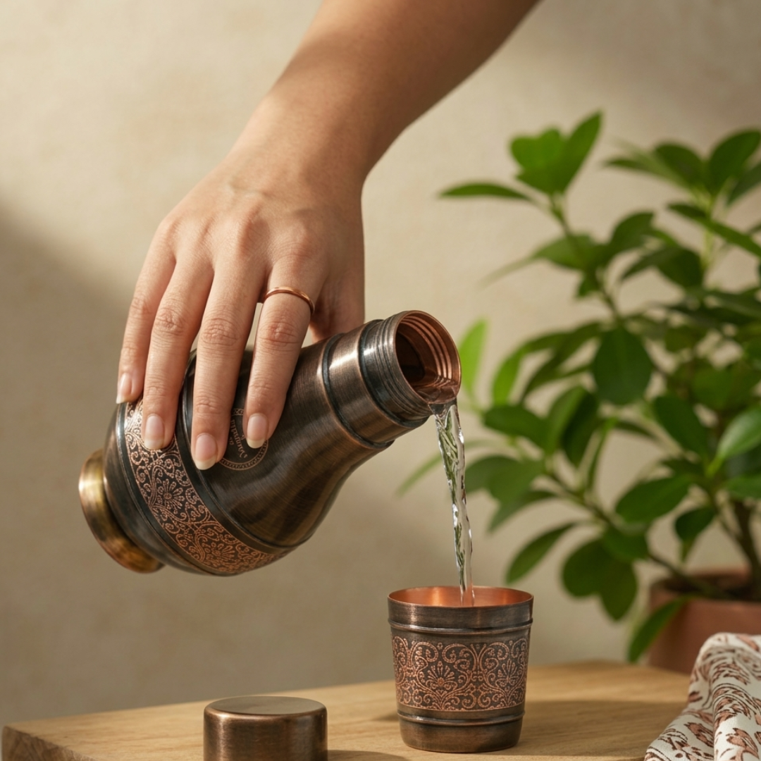 Hand pouring water from an engraved antique copper bottle into a matching glass, featuring traditional floral patterns.