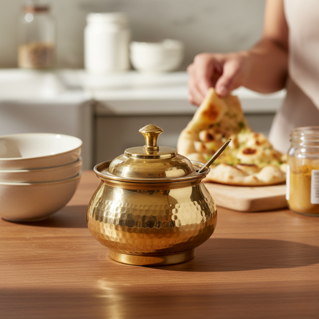 Brass Hammered Ghee Pot / Pital Ghee Dani - with Lid