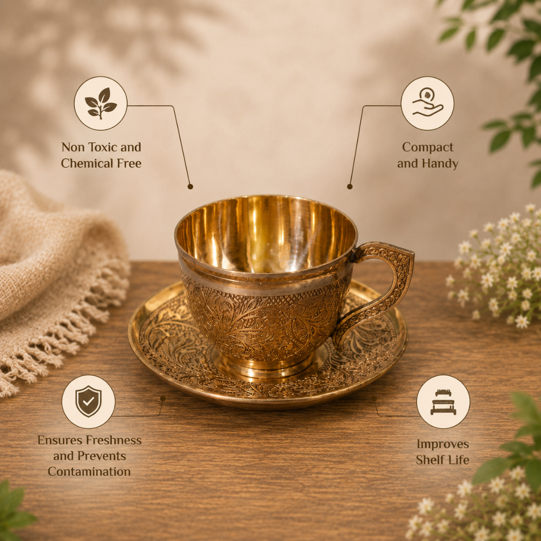 Brass Embossed Cup & Plate Set / Pital Chai Set