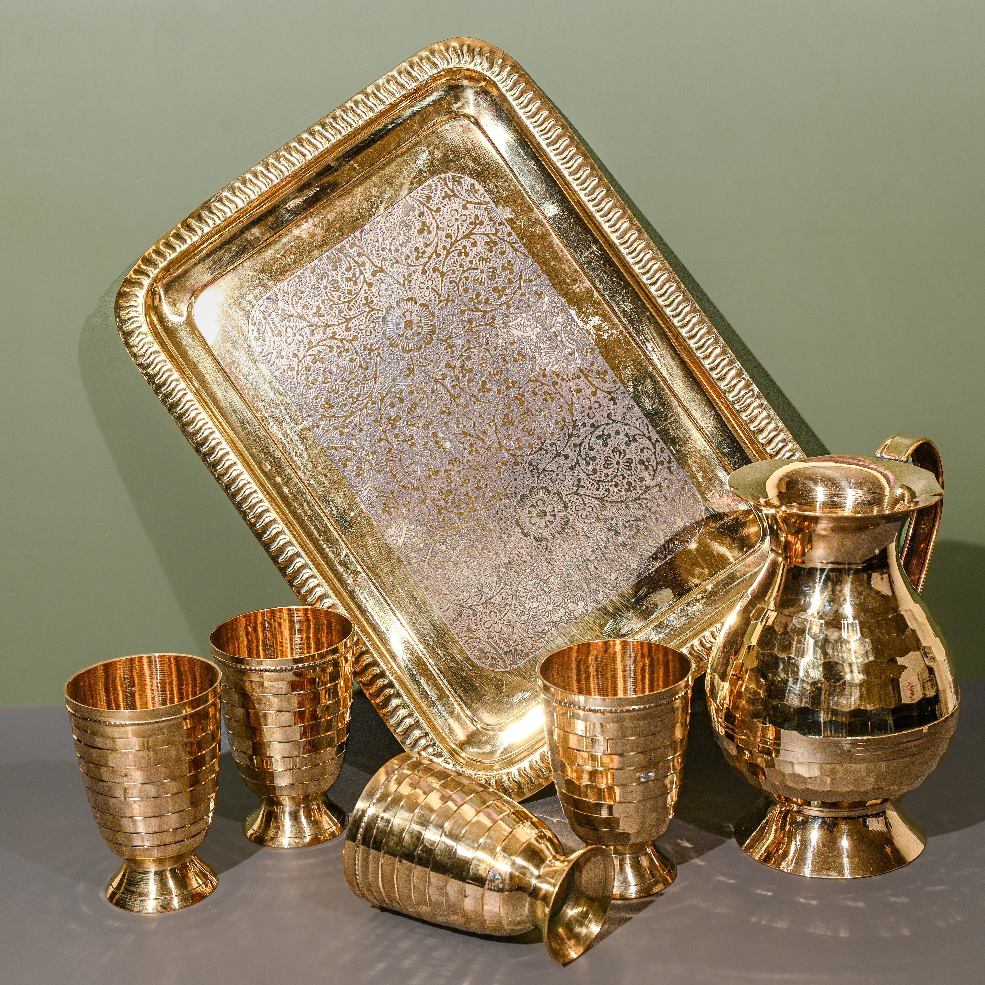 Brass Diamond Jug Set with Glasses / Pital Jug Set
