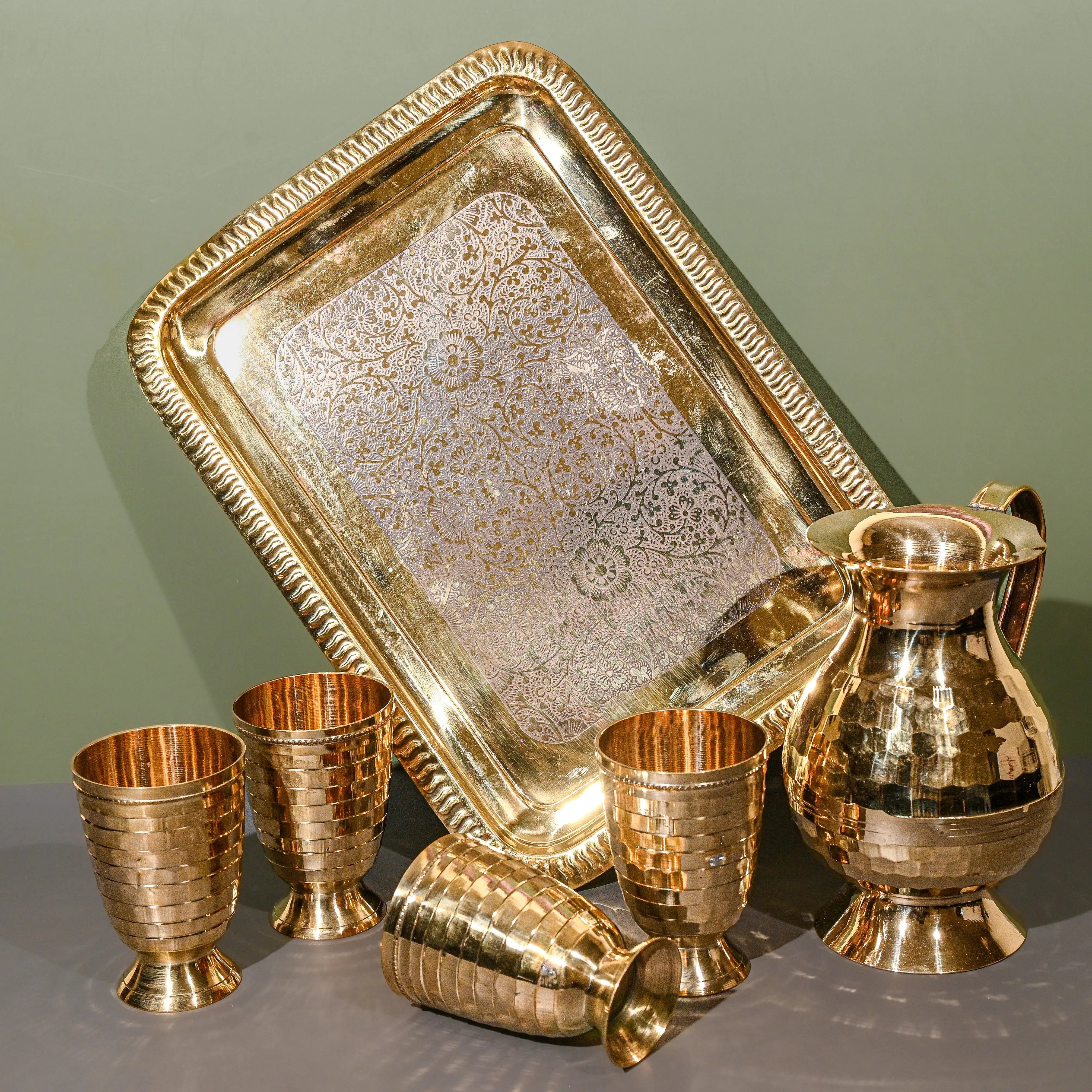 Brass Diamond Jug Set with Glasses / Pital Jug Set