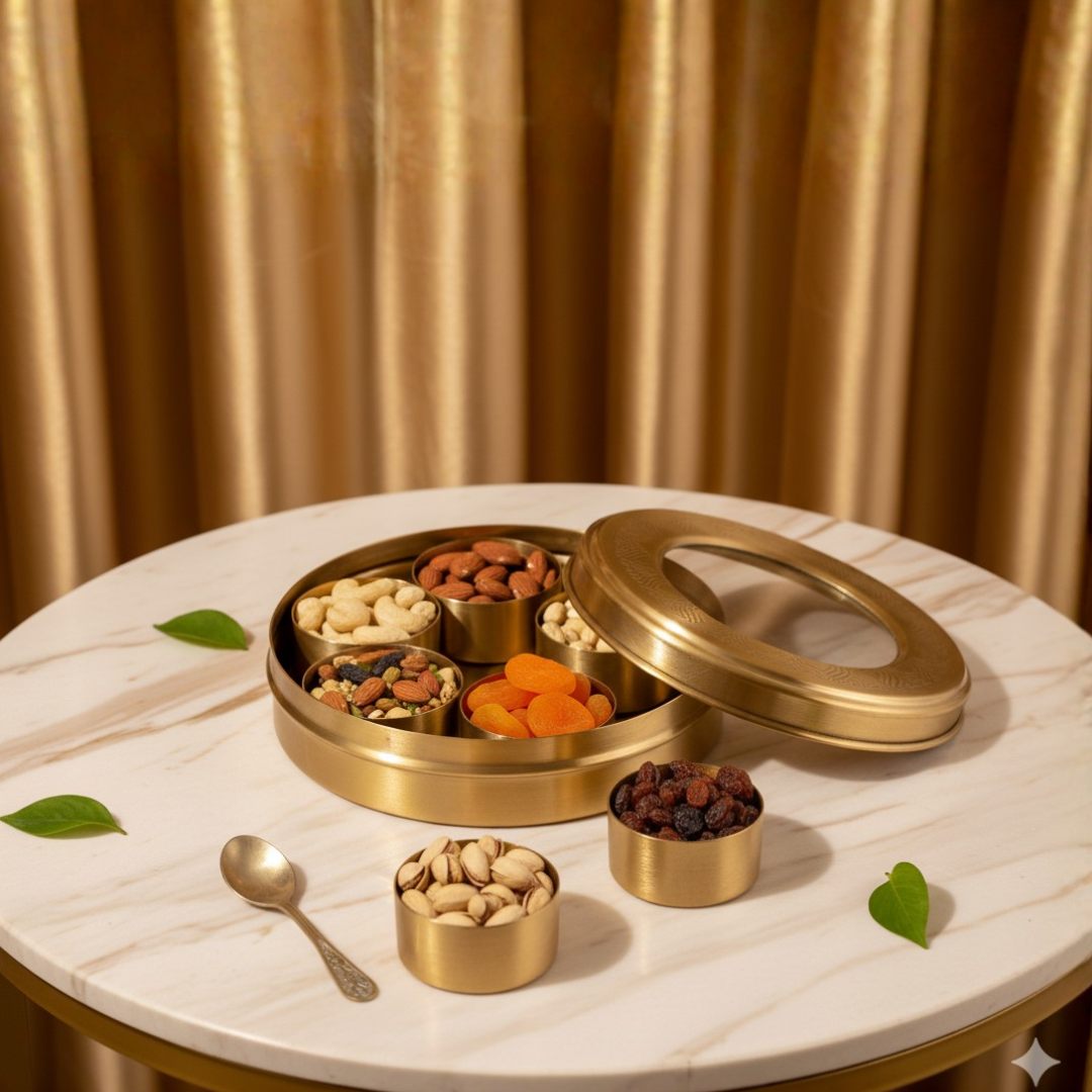 Brass See-Through Masala Box / Pital Masala Dabba - Clear Lid