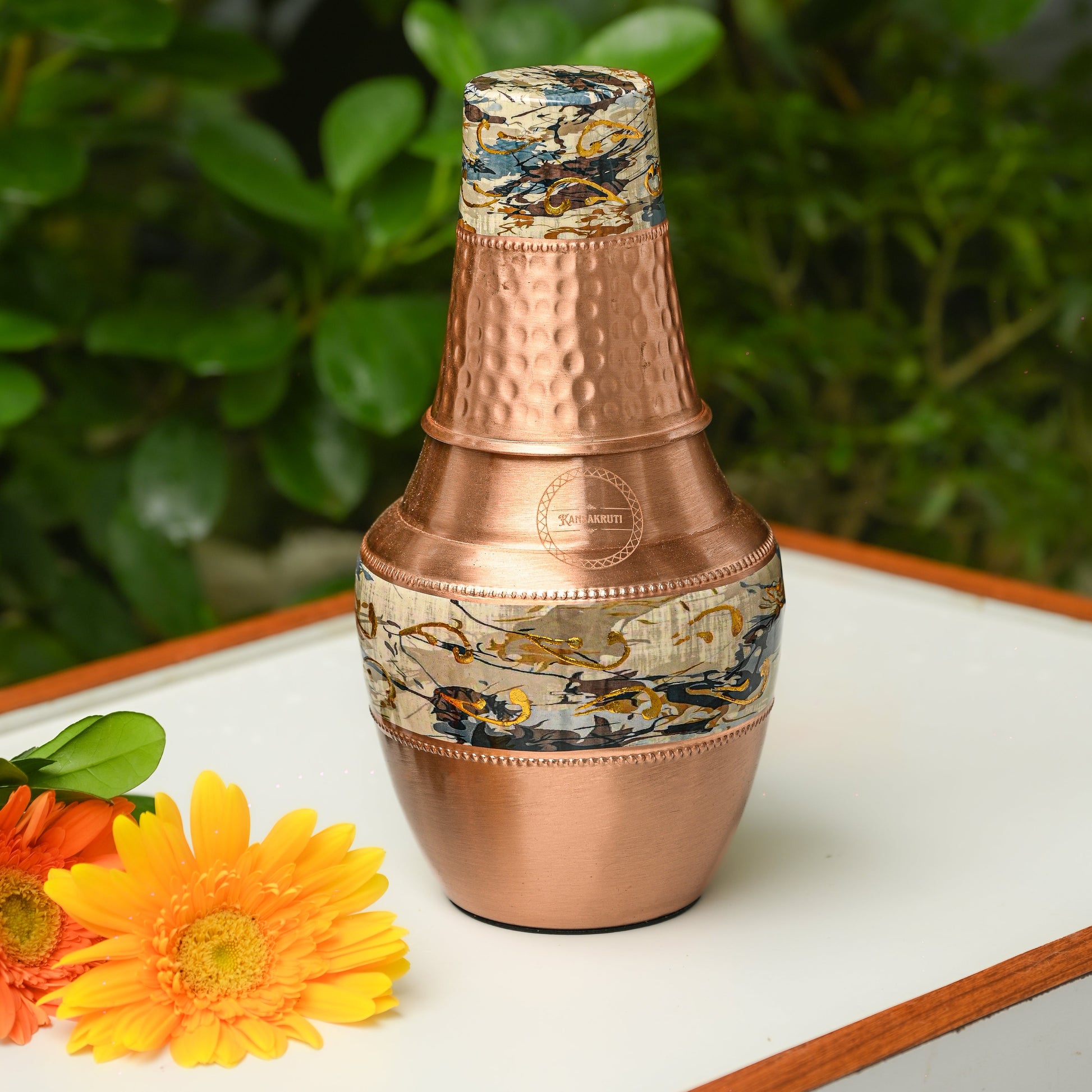 Floral Printed Copper Jar and Glass