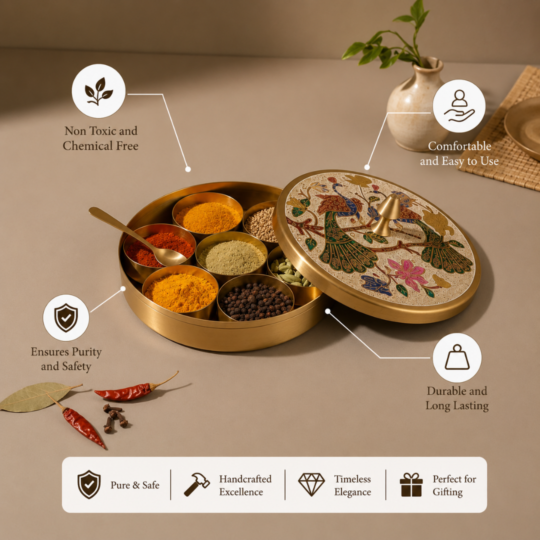 Brass Colour Etching Masala Box / Pital Masala Dabba - Vibrant