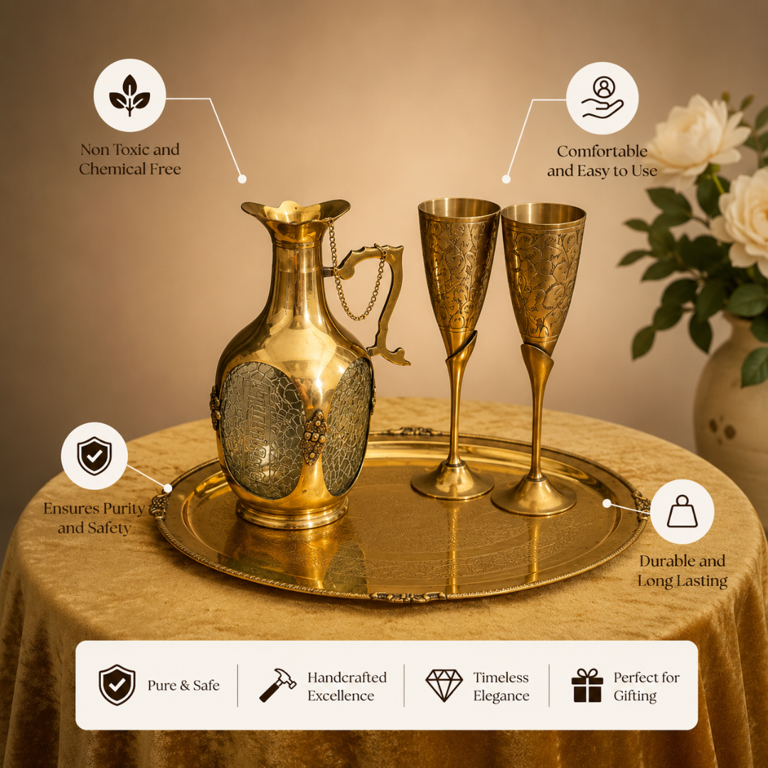 Brass Wine Bottle Set with 2 Glasses & Tray - Entertaining Set