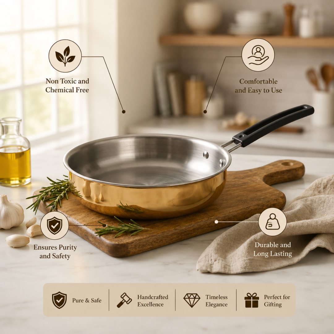 Brass Kalai Fry Pan / Pital Kadai - Tin-Coated, Heavy Base